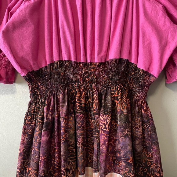 Handmade Plus Size Linen Cotton Batik Pink Multicolour Peasant Dress - Picture 9 of 16